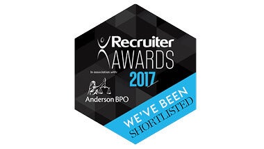 recruiter awards 2017 logo with black sextagon and blue line with we have been shortlisted written on it