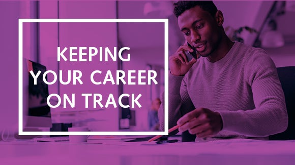 man talking on phone with purple background and keeping your career on track text