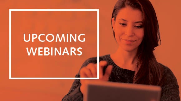 orange background with woman accessing webinar 