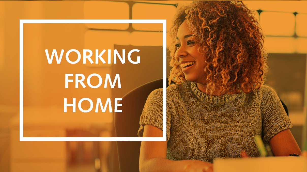 woman smiling with orange background with working from home text