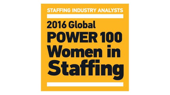 global 100 women in staffing logo yellow box image with black writing