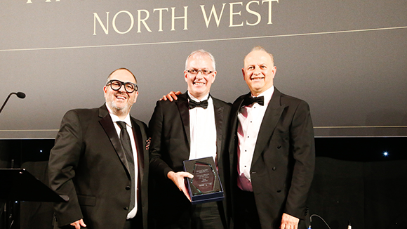 Tim Kowalski winning Lifetime Achievement Award at the 2018 Finance Awards North West