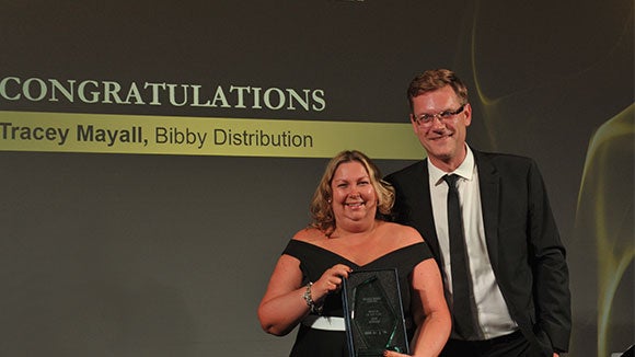Tracey Mayall, Bibby Distribution winning Mentor of the Year at the Finance Awards North West 2018