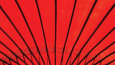 Red fan design with black stipes extending to sides of image