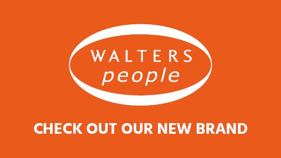 Walters People white logo on Orange background with check out our new brand text in white