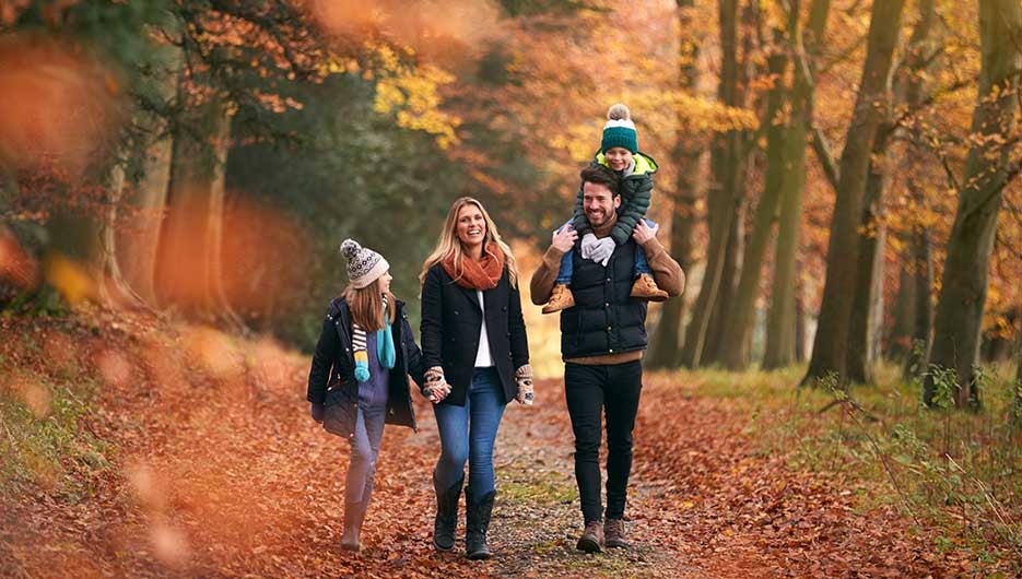 family walking in the woods