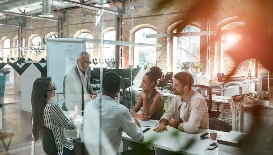Business meeting. Mature businessman discussing something with h