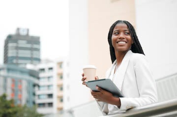 Black woman, coffee break and corporate employee with tablet outside the office, working in a city and career marketer. Digital technology, African American professional and a businesswoman outdoors.
